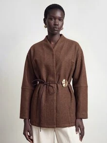 Aalyst Mantel Siluet Campuran Wol dengan Sabuk Logam untuk Wanita - Coffee Brown - View 5