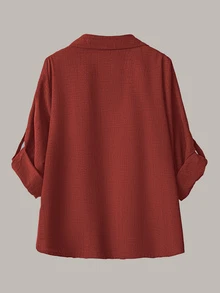 SHEIN LUNE 大尺碼女款休閒兩件套，純色捲袖單排扣休閒通勤襯衫搭配高腰寬鬆寬腿長褲 - 紅木色 - 查看 4