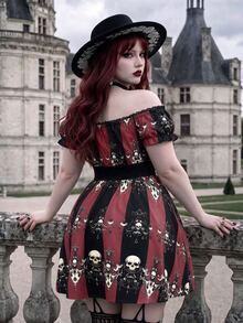 Whyspr Gaun Ukuran Plus Terbaru untuk Halloween, Model A-Line dengan Motif Tengkorak, Bahu Terbuka, Patchwork Renda, dan Potongan Pinggang yang Mengencangkan. - MultiWarna - View 2