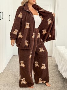 SHEIN CURVE+ Plus Size Thick Fleece Autumn/Winter 2 Pieces Set Long Pants + Cardigan - Multicolor - View 7