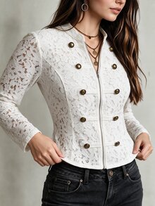 Velvienne Women's Plus Size Elegant Blouse With Patchwork And Frog Button Design, Suitable For Outings, Gatherings And Parties - White - View 5