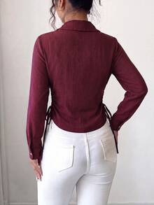 SHEIN Elenzya 女款純色百褶休閒日常穿著襯衫 - 酒紅色 - 查看 2