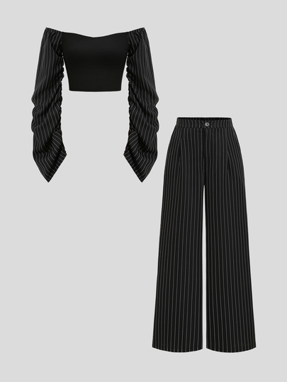 Sweetra Women's Autumn/Winter Black Striped Contrast Knit Patchwork Square Neck Asymmetrical Sleeve Cinched Waist Faux 2 Pieces Long Sleeve Blouse With Half-Open Front And Straight Leg Trousers 2 Pieces Set, Commute Office Workplace Teacher College Elegant Vintage Casual Outing Shopping Date Daily Versatile