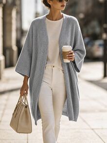 SHEIN 女款素色休閒百搭日常開襟衫 - 淺灰色 - 查看 4