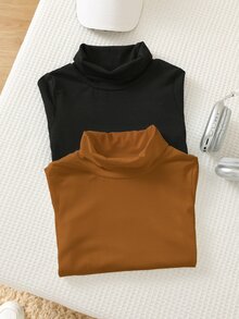 SHEIN 兒童小男孩純色高領長袖休閒寬鬆版型T恤 - 彩色 - 查看 3