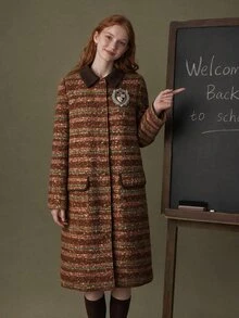 Elnivra Women's Striped Long Sleeve Lapel Long Vintage Overcoat - Brown - View 8