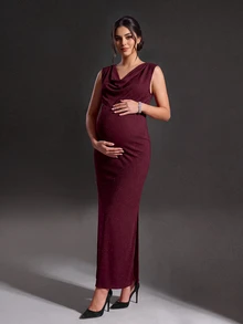 Cheriluna Maternity Burgundy Shiny Fabric Ruched Neck Maternity Portrait Dress, Sleeveless Tank Top Bodycon Split Fishtail, Elegant And Glamorous For Evening Party - Burgundy - View 1