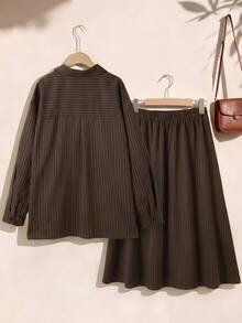 Rusticease Plus Size Women's Striped Long Sleeve Single-Breasted Shirt And Skirt Casual 2 Pieces Set - Brown - View 3