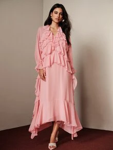 BELROSIE Women's Dress Loose Long Fit Chiffon V-Neck Multi-Layer Ruffles Asymmetrical Hem Elastic Cuffs Elegant Romantic Soft Pink Solid Party Tea Party Date Fall - Pink - View 3