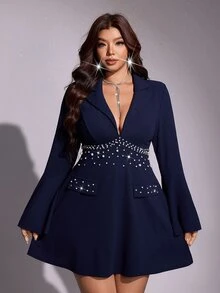 Viva Relle 大尺碼女款奢華串珠水鑽派對晚禮服 秋季 - 藏蓝色 - 查看 4