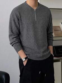 DAZY 春秋款深灰色羅紋仿針織布料薄款拉鍊半開襟亨利領男士套頭運動衫 - 深灰色 - 查看 7