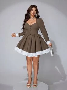 Viva Relle Plus Size Women Sweetheart Neck Long Sleeve Button Design Elegant Colorblock Dress - Mocha Brown - View 5