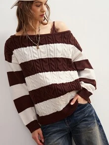 Bohemela Sweater Lengan Panjang Wanita Gaya Korea dengan Bahu Asimetris dan Motif Garis-Garis Blok Warna - Hitam dan Putih - View 1