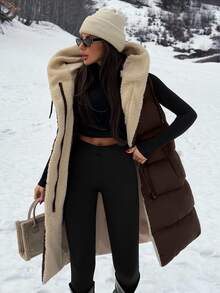 SHEIN Clasi Two-Tone Reversible Padded Zipper Front Pockets Drawstring Hood Vest Jacket - Brown - View 1