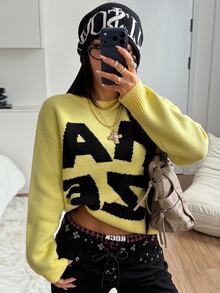 SHEIN HypeZone Minimalist Street Style Women's Autumn/Winter Yellow Long Sleeve Letter Print Slim Fit Knit Sweater Top - Yellow - View 5