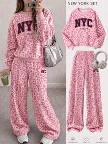 粉色時尚運動風拼色字母 NYC 圖案印花，青少年女孩休閒柔軟舒適寬鬆圓領套頭衛衣與寬腿褲運動套裝，適合秋冬日常、街頭、新風格、時尚女孩、校園時尚返校 - 白色 - 查看 1