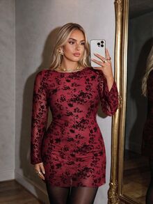 Auralis Plus Size Women's Boat Neck Backless Tie-Up Purple-Red Flocked Floral Pattern Elegant Fashion Party Holiday Birthday Short A-Line Dress For Christmas - Burgundy - View 6