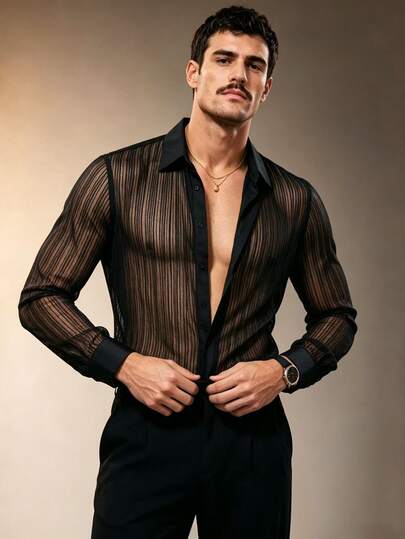 ZURIURI Men's Vertical Striped Sheer Classic Long Sleeve Shirt For Daily Commute