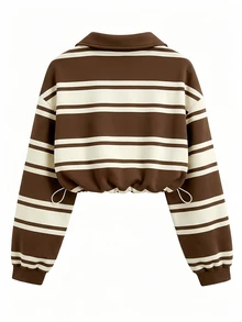 QUELARIE Plus Size American Vintage Half-Zip Striped Niche Sweatshirt Fall - Coffee Brown - View 2