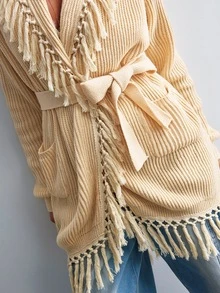Willow Rêve Women's Beige Bohemian Tassel Knit Cardigan, Bohemian Style - Apricot - View 6