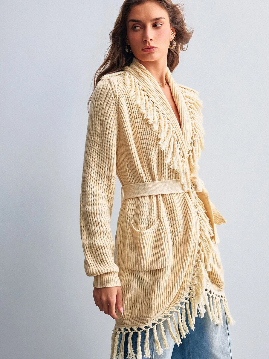 Willow Rêve Women's Beige Bohemian Tassel Knit Cardigan, Bohemian Style - Apricot - View 1