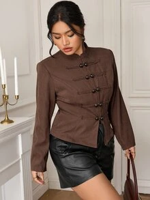 EastFlair Plus Size Women's Solid Color Casual Daily Long Sleeve Jacket - Brown - View 2
