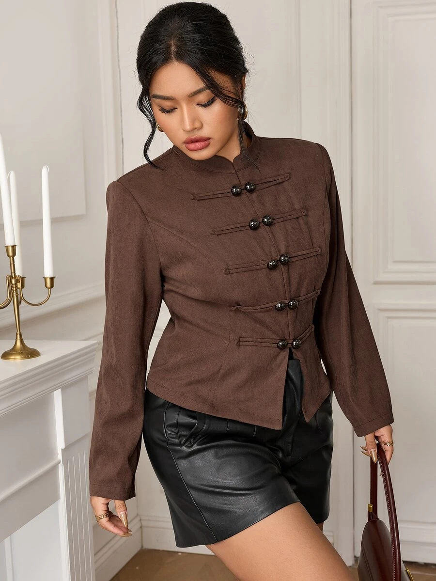 EastFlair Plus Size Women's Solid Color Casual Daily Long Sleeve Jacket - Brown - View 1
