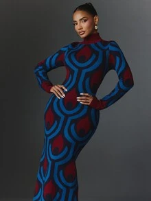NYA SZN Knit Dress Maxi Retro Long Sleeve Color Block Holiday Festival Special Occasion Everyday Casual Work Concert Going Out Club Party Blue Fall Winter - Multicolor - View 4