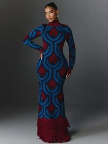 NYA SZN Knit Dress Maxi Retro Long Sleeve Color Block Holiday Festival Special Occasion Everyday Casual Work Concert Going Out Club Party Blue Fall Winter - Multicolor - View 3
