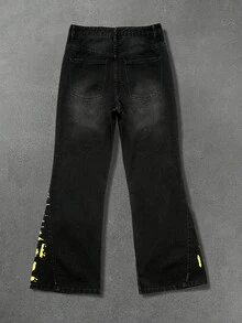 Manfinity EMRG Men's Hip Hop Street Style American Print Frayed Hem Black Washed Denim Stacked Flare Jeans - Black - View 7