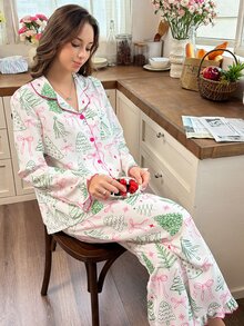 Snug Reverie Fresh Christmas Tree Print Color Block Trim Ruffle Hem Pajama Set - Multicolor - View 6
