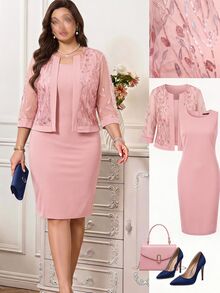 Reflora Plus Size Women's Round Neck Slim Fit Sleeveless Dress With Mesh Embroidery Cardigan 2pcs Set - Baby Pink - View 1