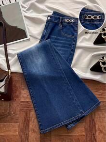 GlowEve CURVE Plus Size Sexy Metal Decor Button Flared Jeans - Blue - View 1