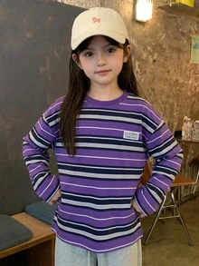 DAZY (少女款) 長袖條紋寬鬆基礎秋冬內搭長袖T恤 - 紫色 - 查看 5
