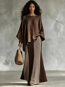 SHEIN Women Vintage ColorBlock Vertical Stripe Knit Maxi Skirt, Fall Winter New Arrival. Chic Brown Tone, Soft Knit Material. Perfect For Commuting, Daily, - Multicolor - View 1