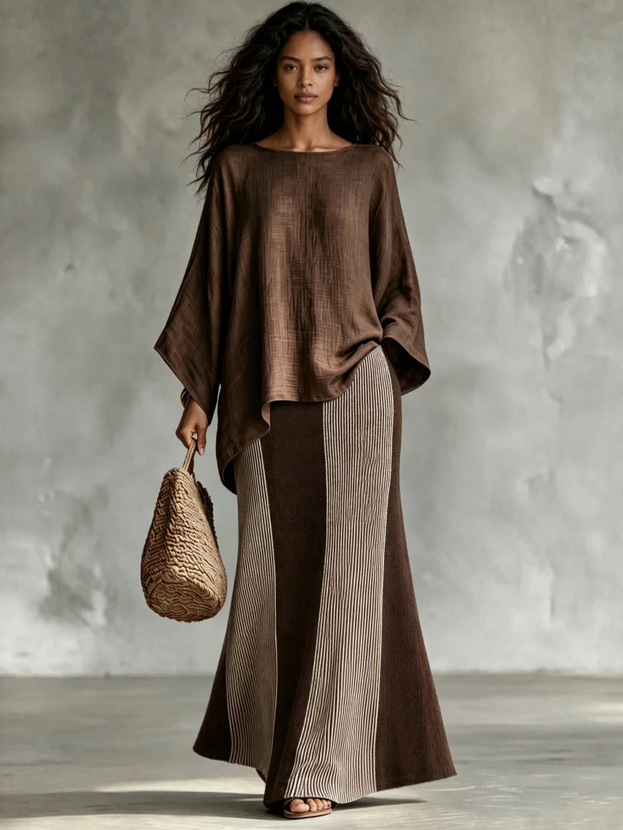 SHEIN Women Vintage ColorBlock Vertical Stripe Knit Maxi Skirt, Fall Winter New Arrival. Chic Brown Tone, Soft Knit Material. Perfect For Commuting, Daily, - Multicolor - View 1
