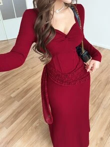 Feyla Women's Elegant Front Knot Ruched Fishbone Lace Dress - Red - View 1