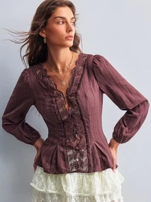 Willow Rêve Women's Brown Jacquard Woven Fabric Contrast Lace Trim Puff Long Sleeve Blouse - Brown - View 4