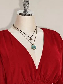 SHEIN ICON 大尺碼荷葉袖V領收腰A字洋裝，適合海灘度假、波希米亞風、嬉皮風、Y2K，適用夏季、夏季假期、情人節、優雅約會洋裝 - 紅色 - 查看 7