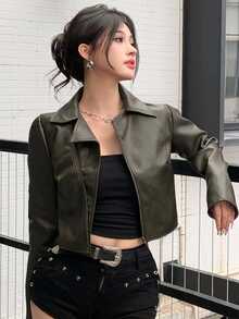 DAZY 秋冬橄欖綠街頭寬鬆休閒短版PU皮革機車夾克女款Y2K上衣 - 橄欖綠 - 查看 1