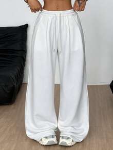 Coolane Plus Size Casual Drawstring Waist Pocket Loose Pants - White - View 4