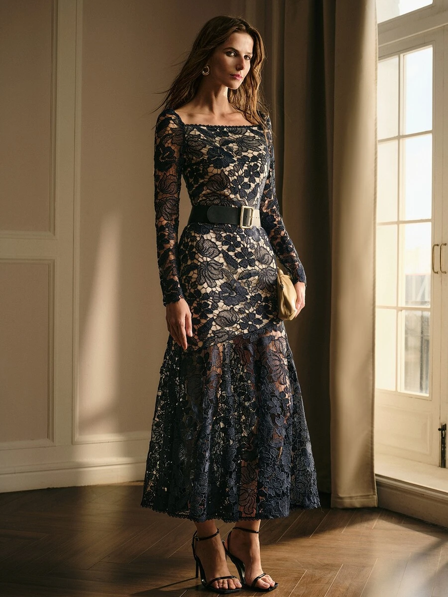 MOTF PREMIUM ELEGANT LACE WOMEN'S MIDI DRESS - Royal Blue - View 1