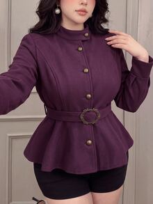 Vibekara Napoleon Style Plus Size Women's Casual Minimalist Commuter Woven Purple Autumn/Winter Wool - Purple - View 1