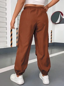 POPSWAY Plus Size Elastic Waist Drawstring Tie Multi-Pocket Casual Cargo Pants - Redwood - View 2