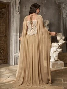 Aureia Plus Size Elegant Glamorous Champagne Beaded Patchwork Mesh Computer Embroidery 2 In 1 Cinched Waist A-Line Heavy Embellished Evening Gown For Important Occasions - Champagne - View 2