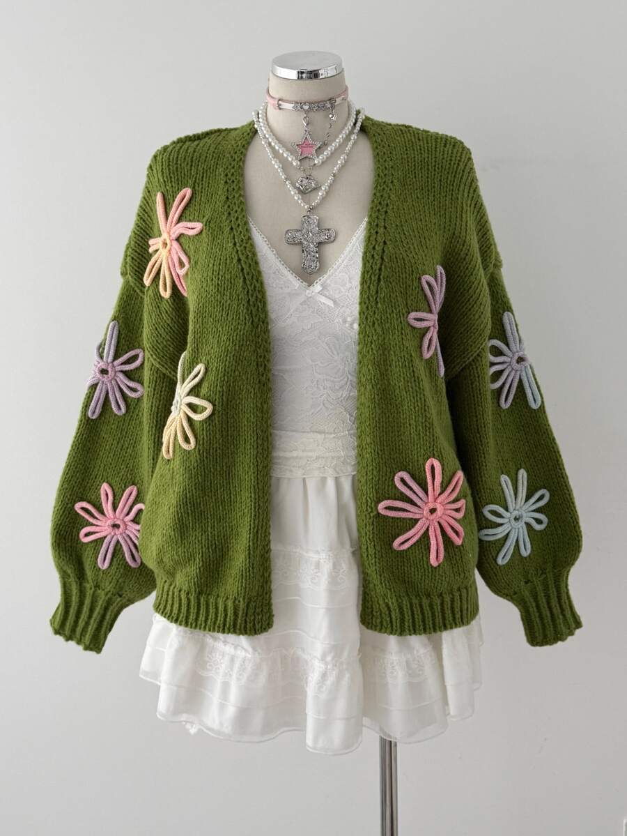 Sunspun 大尺碼度假風刺繡長袖針織開襟衫 - 綠色 - 查看 1
