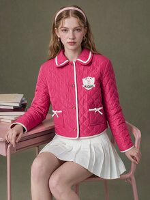 Elnivra Women's Bowknot Decor Patch Design Quilted Single-Breasted Casual Thin Jacket - Pink - View 5