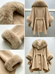 SHEIN Franclia Mantel Wol Wanita Lengan Panjang Cokelat Baru yang Melangsingkan Pinggang - Coklat - View 3