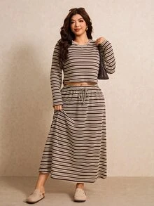 Elaquor Plus Size Minimalist Striped Colorblock Long Sleeve Top And Drawstring Waist Long Skirt 2 Pieces Set - Multicolor - View 5