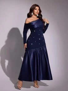 Viva Relle Plus-Size Sexy Asymmetrical Shoulder Pearl And Diamond Dress Fall - Navy Blue - View 2